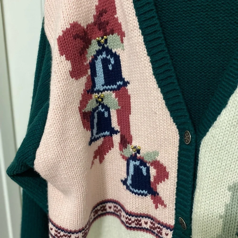 Karen Scott Women's Holiday Cardigan - Green, Pink, Cream Size 2X